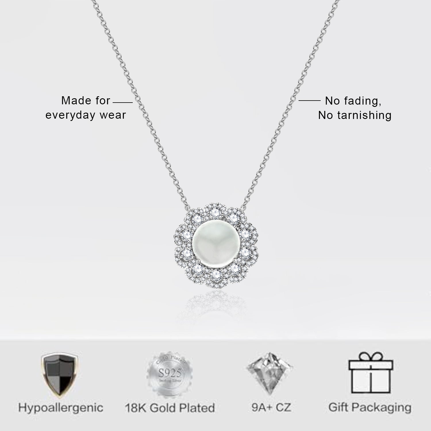 Crystal Halo Pearl Flower Pendant Necklace