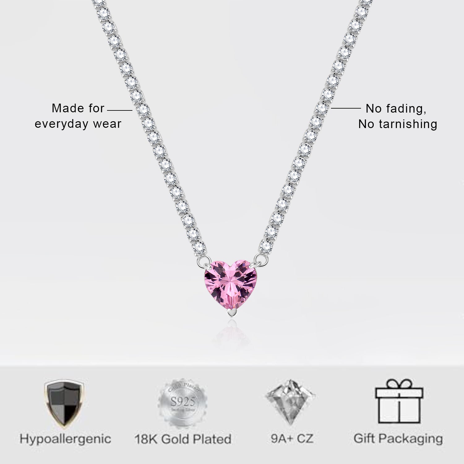 Vyranthia Pink Heart pendant Tennis Necklace