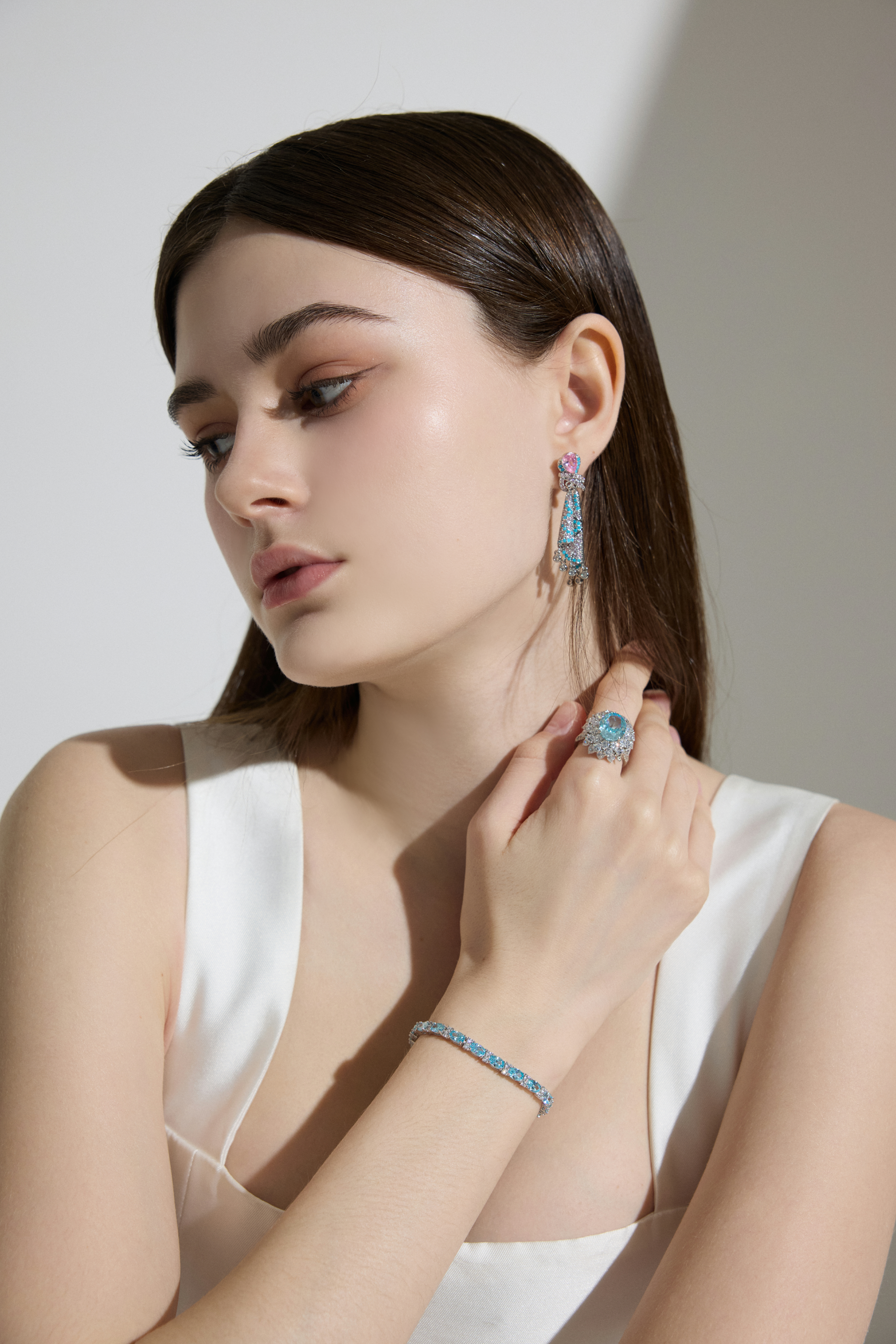 Pink and Turquoise Crystal Ribbon Drop Earrings
