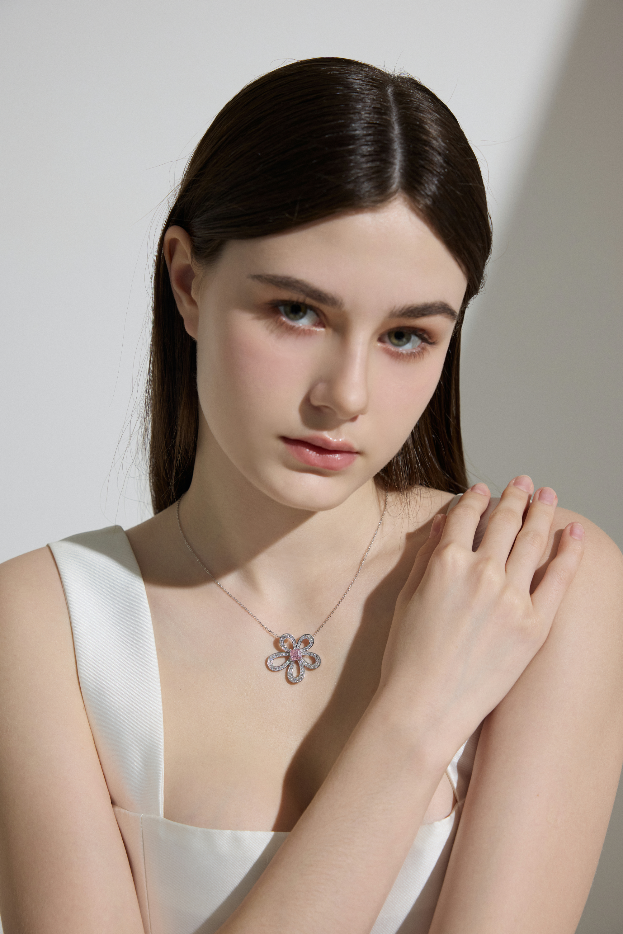 Pink Moissanite Flower Pendant Necklace