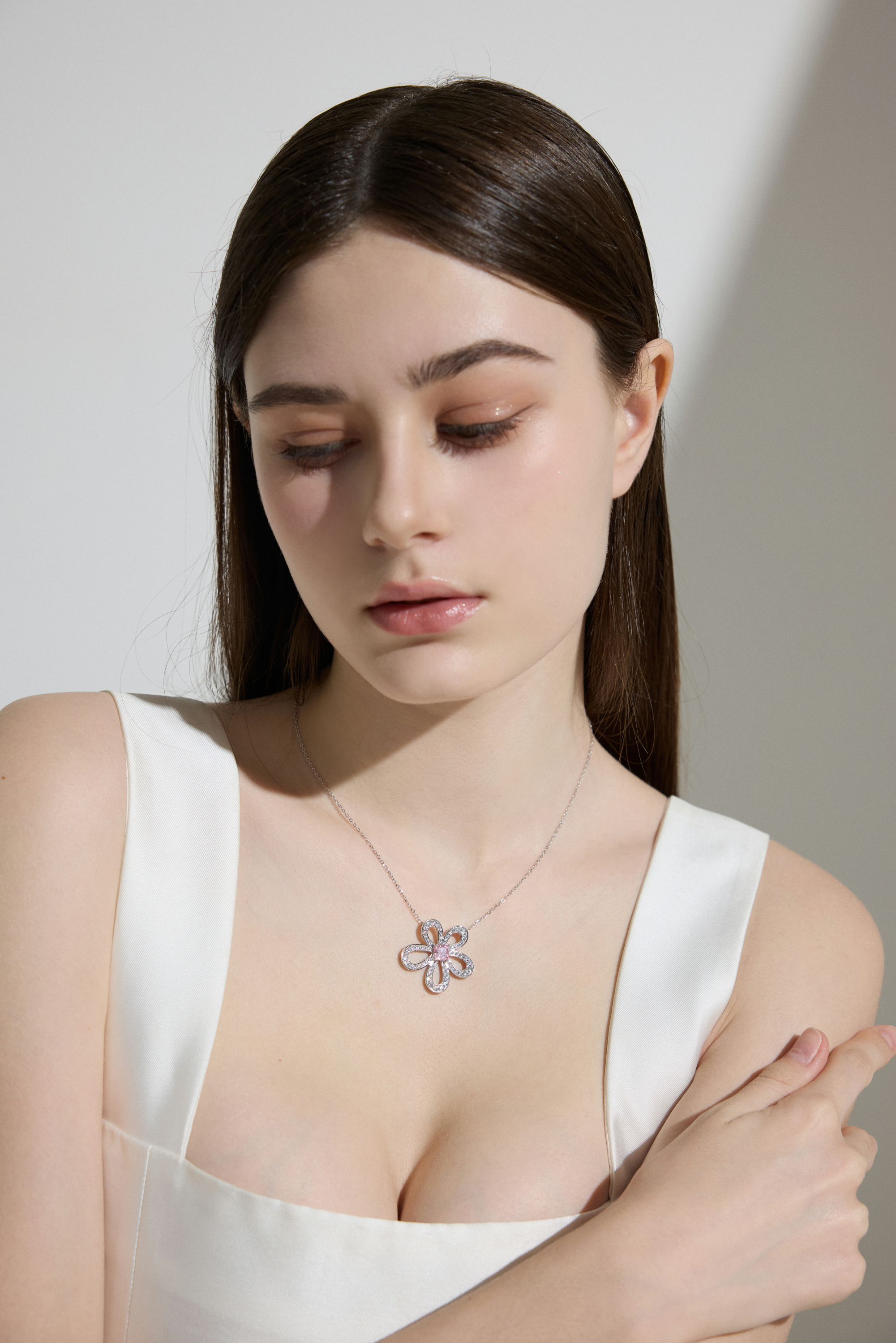 Pink Moissanite Flower Pendant Necklace