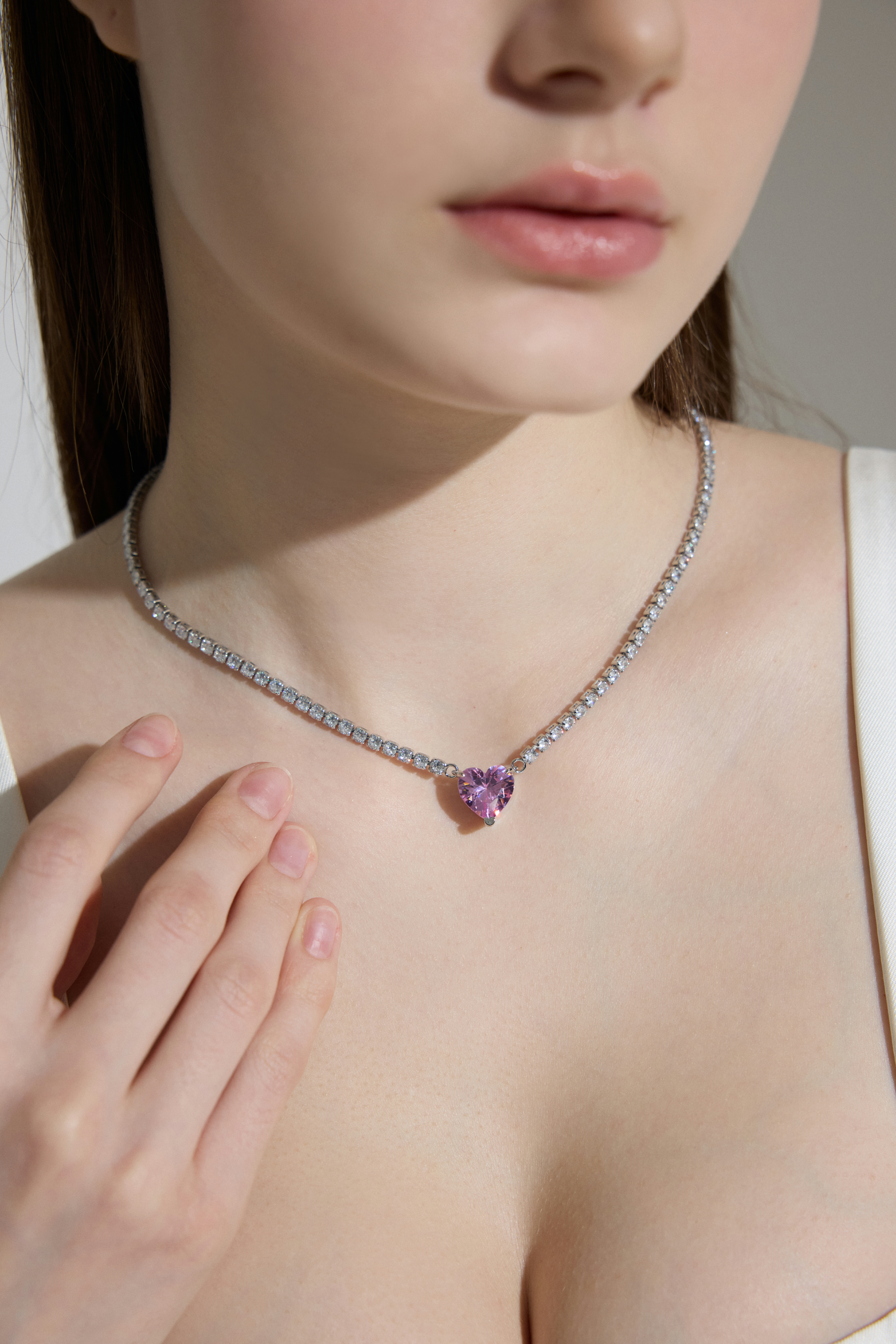 Vyranthia Pearl Pink Heart pendant Tennis Necklace