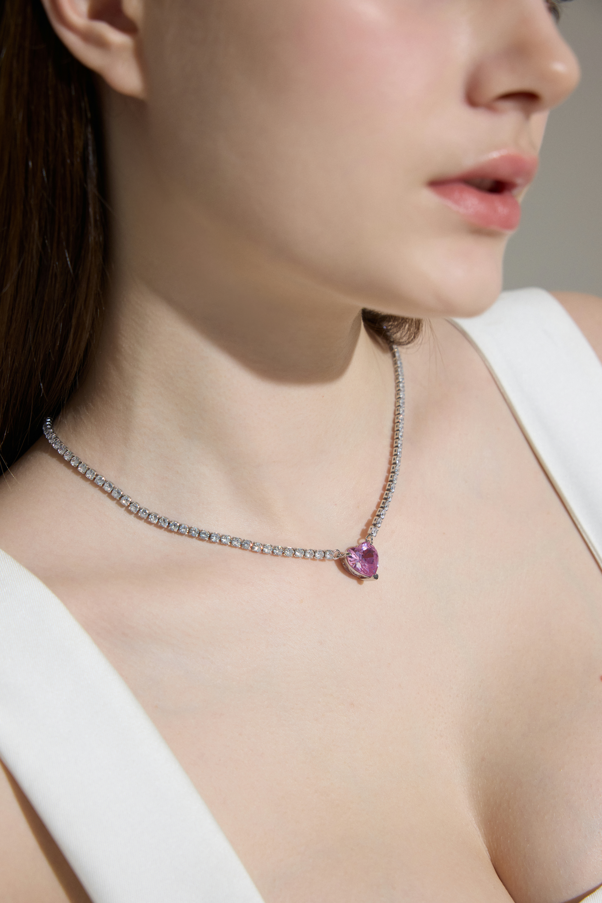 Vyranthia Pearl Pink Heart pendant Tennis Necklace