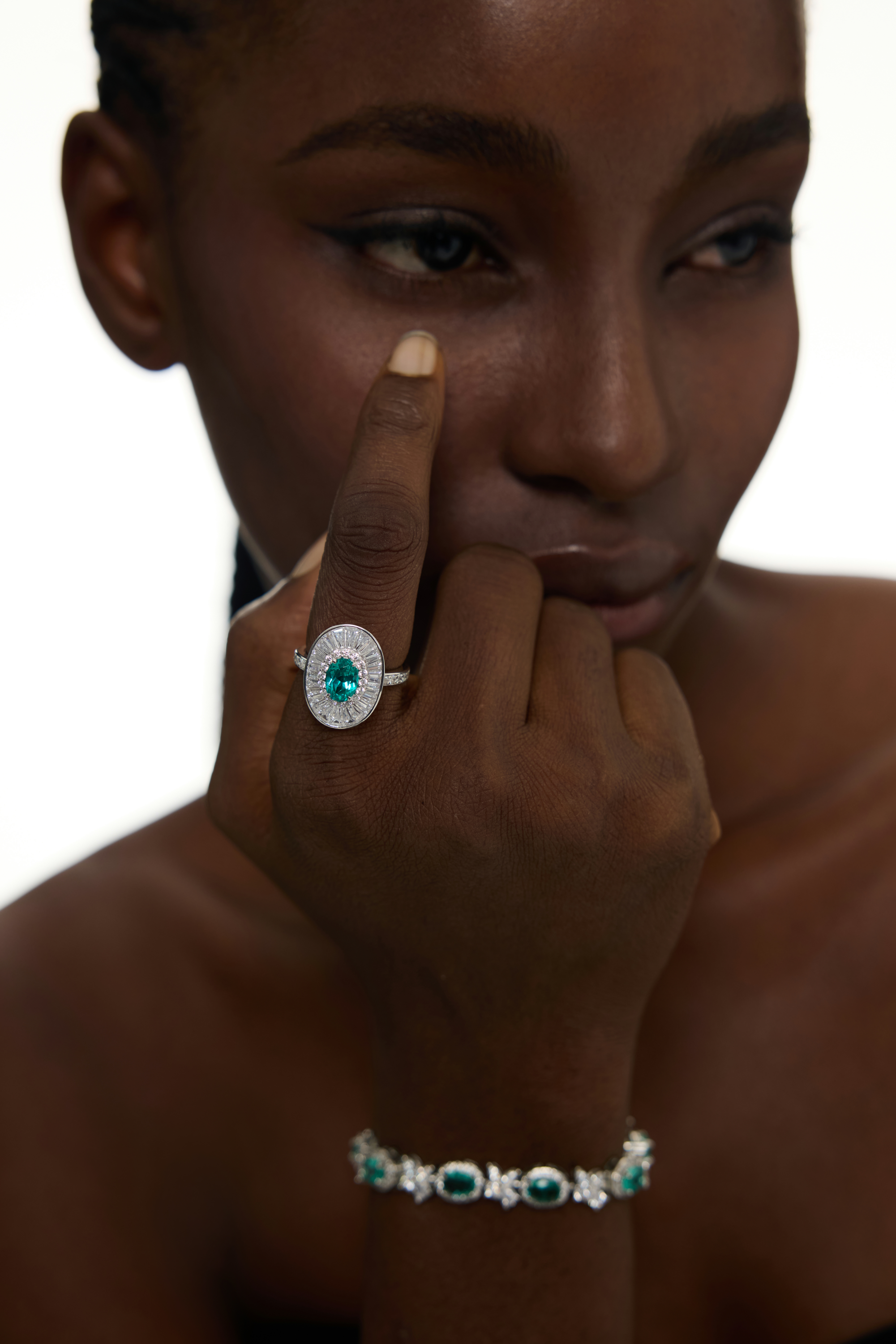 Oval Green Crystal Accents Halo Ring