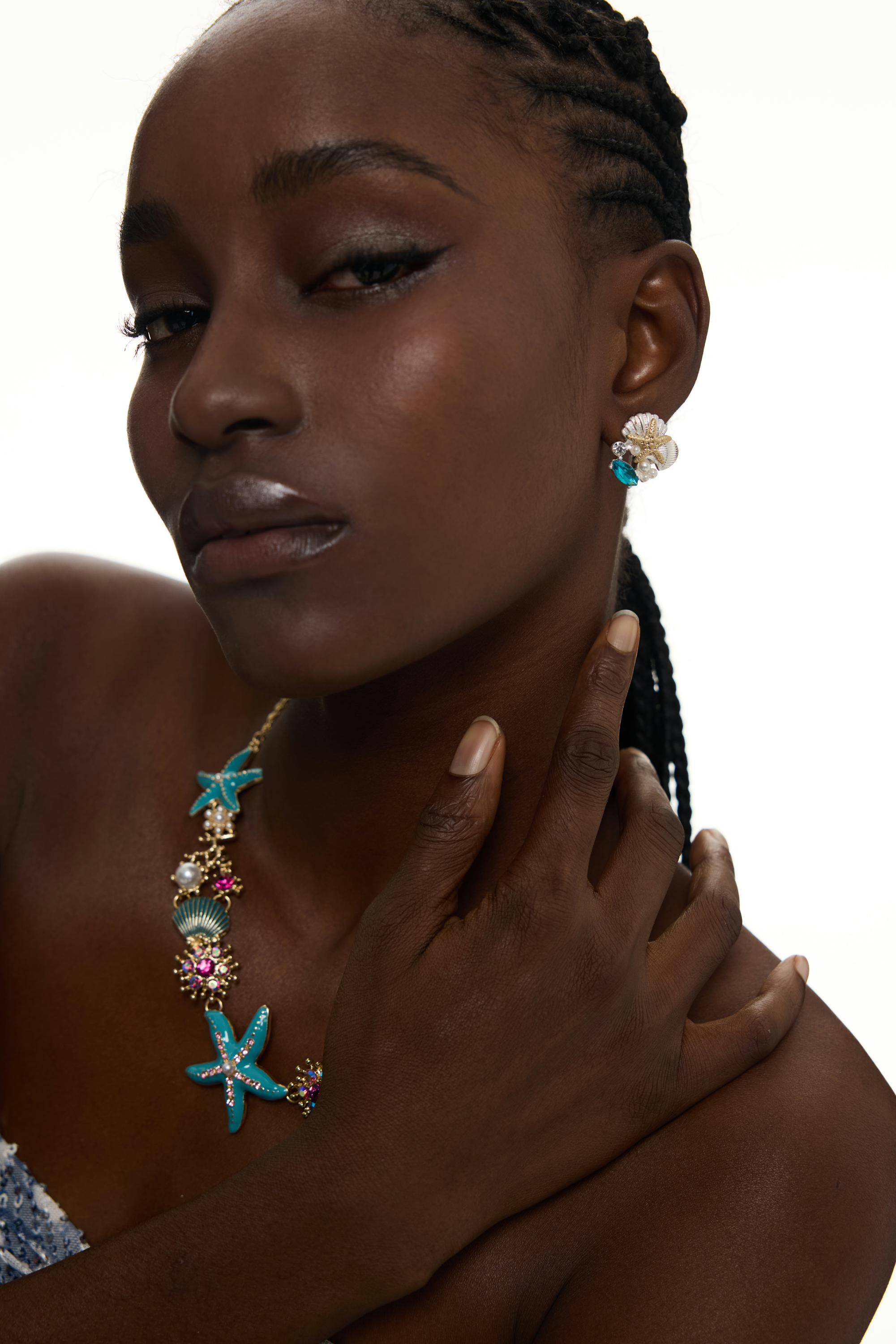 Blue Moissanite Starfish Seashell Pearl Stud Earrings