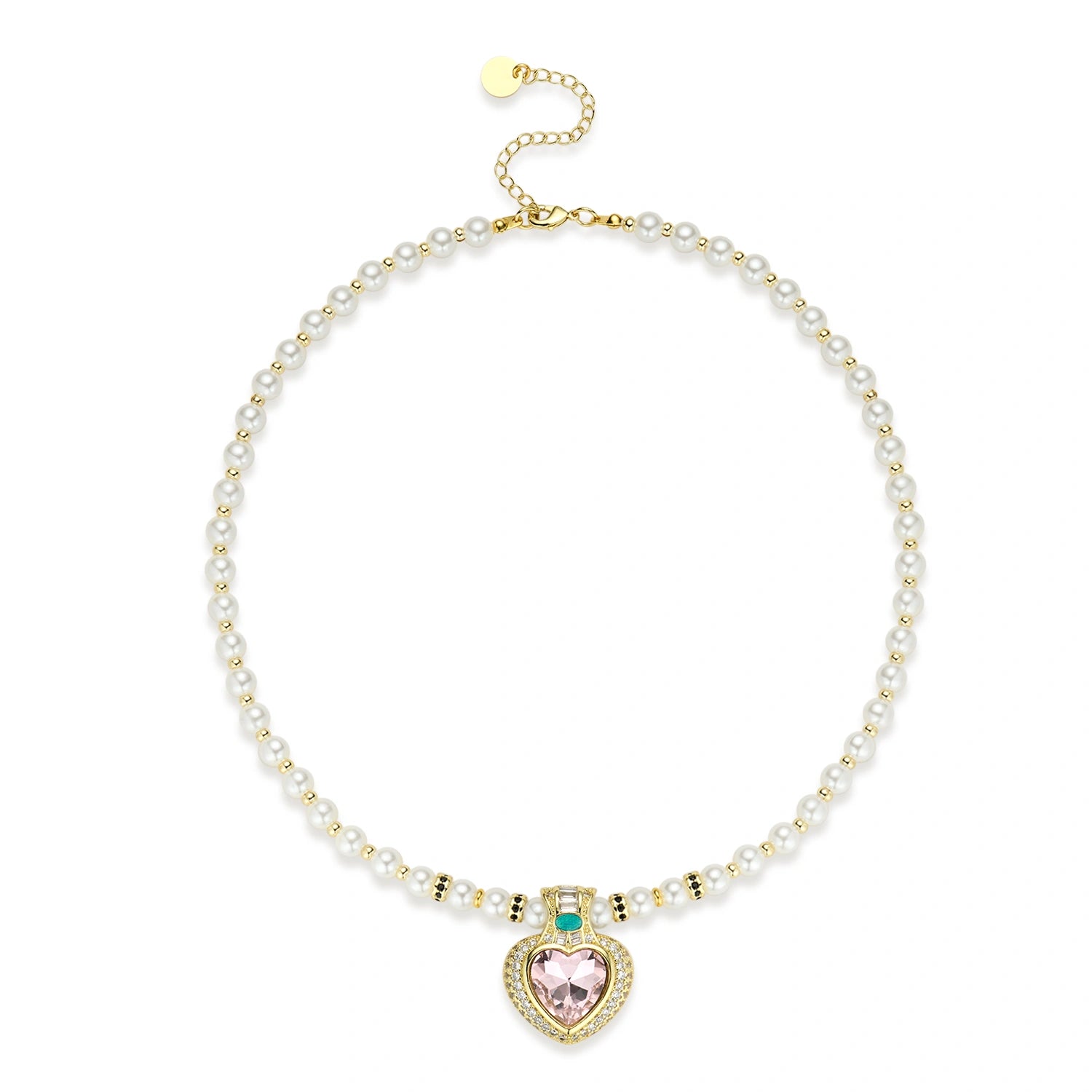 Pink Heart Pendant Pearl Beaded Collar Necklace