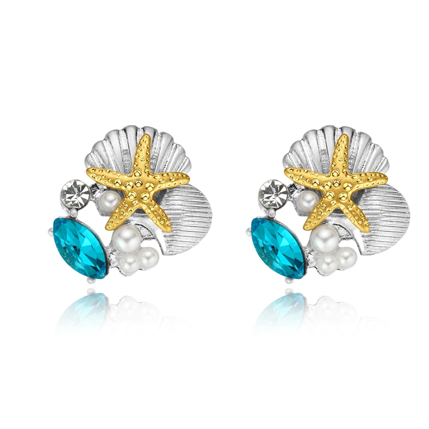 Blue Crystal Starfish and Seashell pearl Stud Earrings