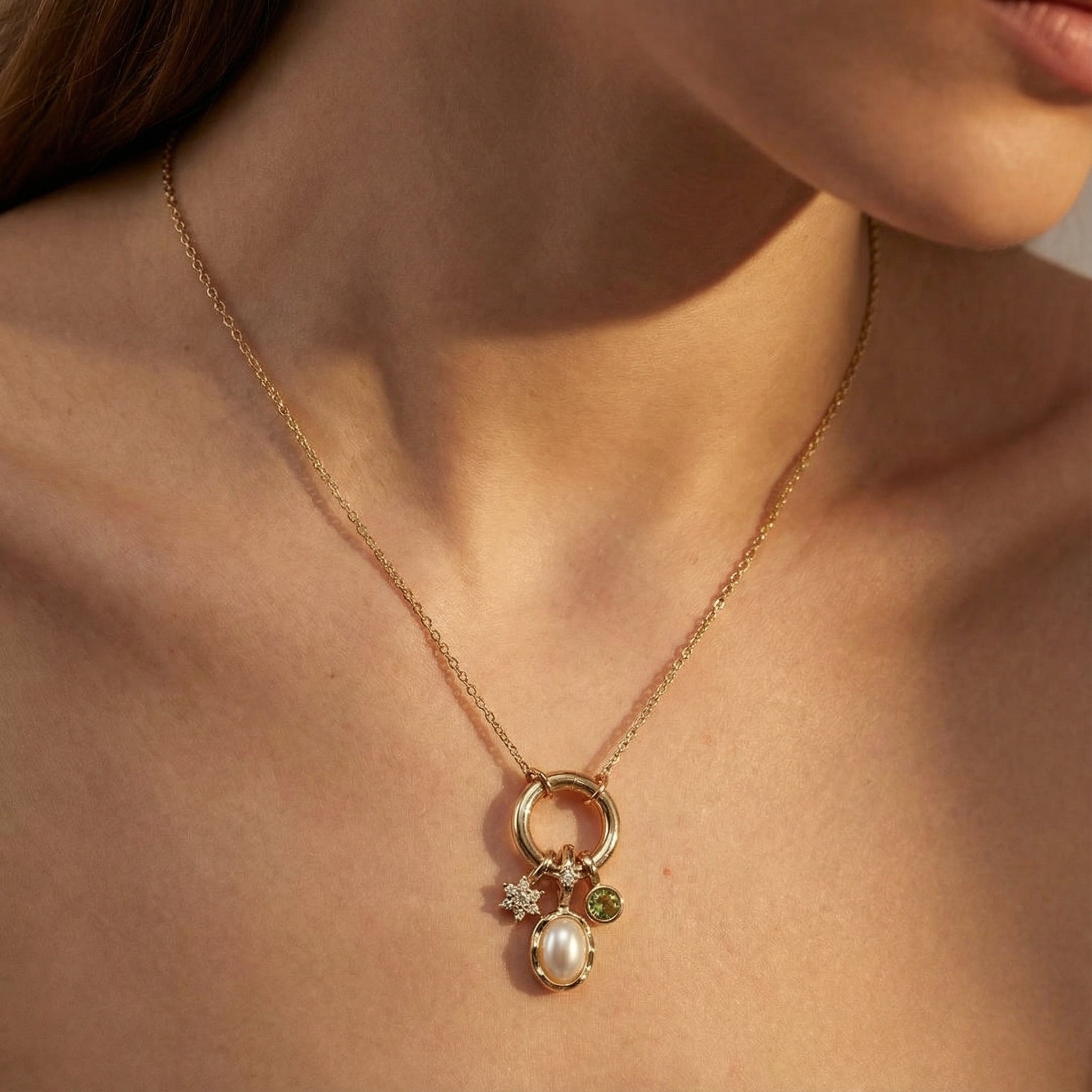 Gold Pearl & Zircon Charm Necklace