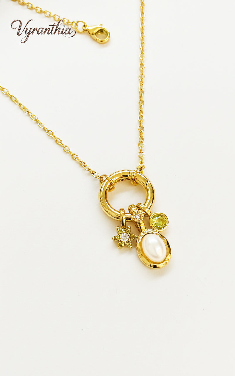 Gold Pearl & Zircon Charm Necklace