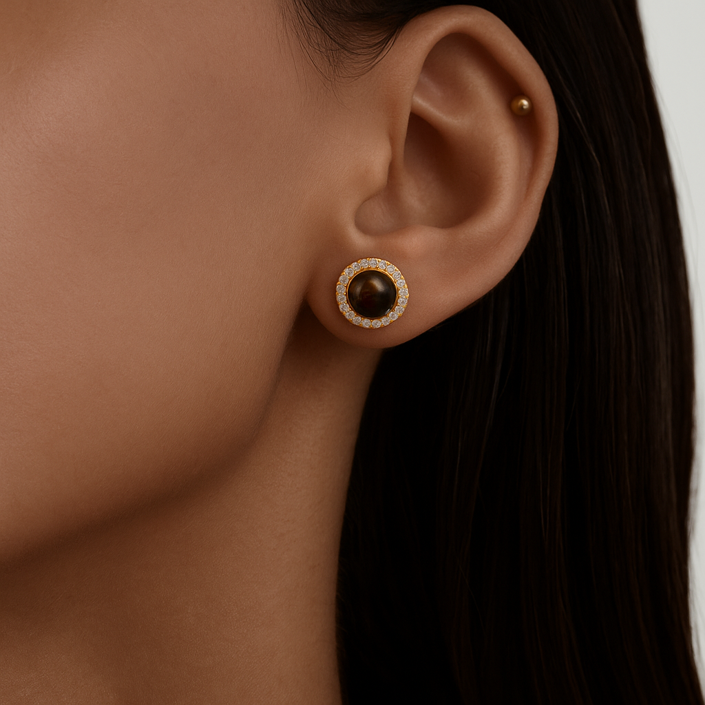 Zircon Halo Tiger’s Eye Stud Earrings