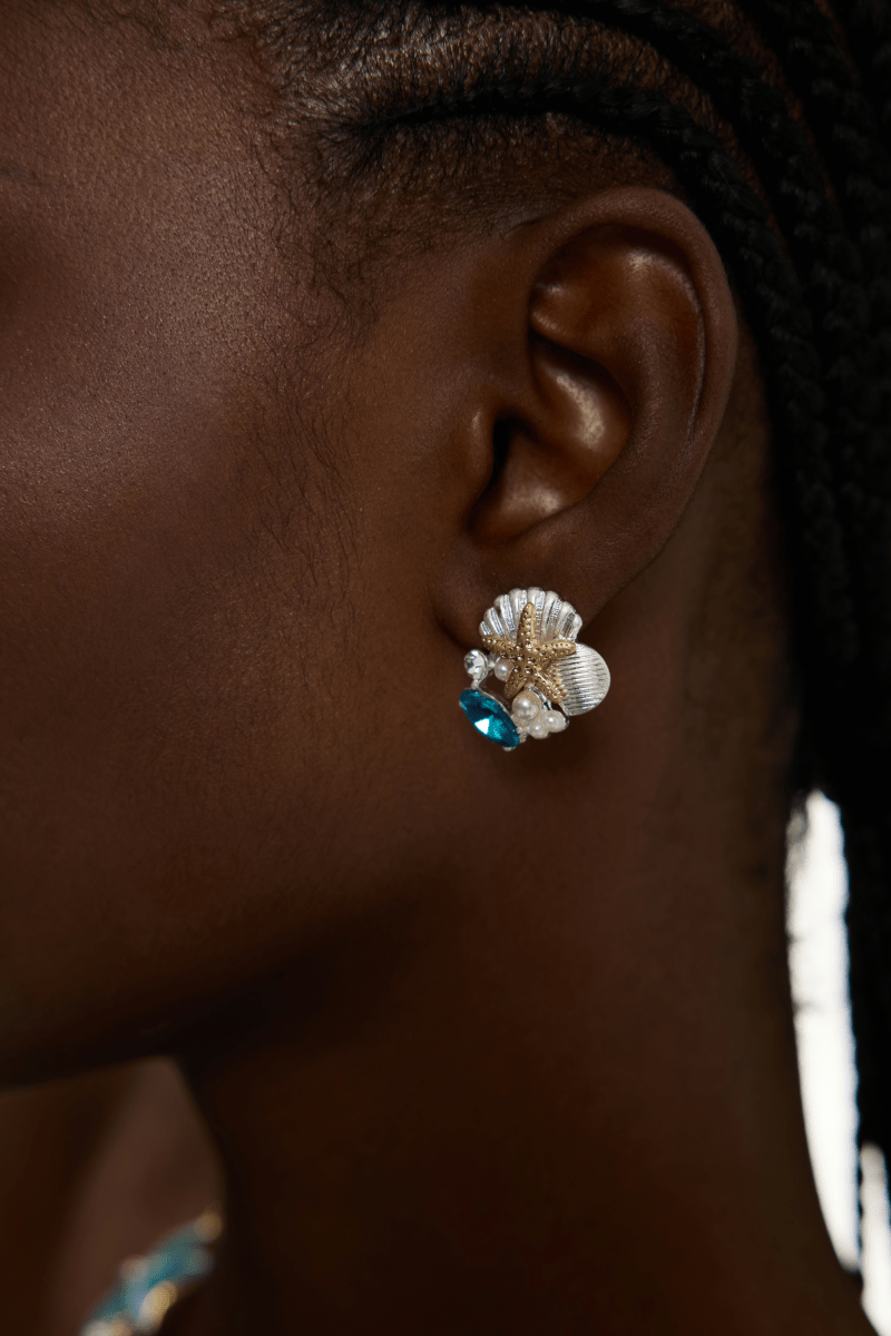 Blue Moissanite Starfish Seashell Pearl Stud Earrings