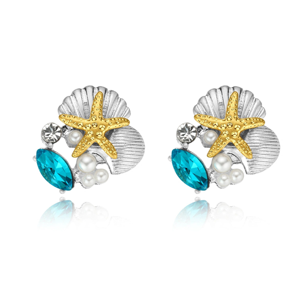 Blue Moissanite Starfish Seashell Pearl Stud Earrings