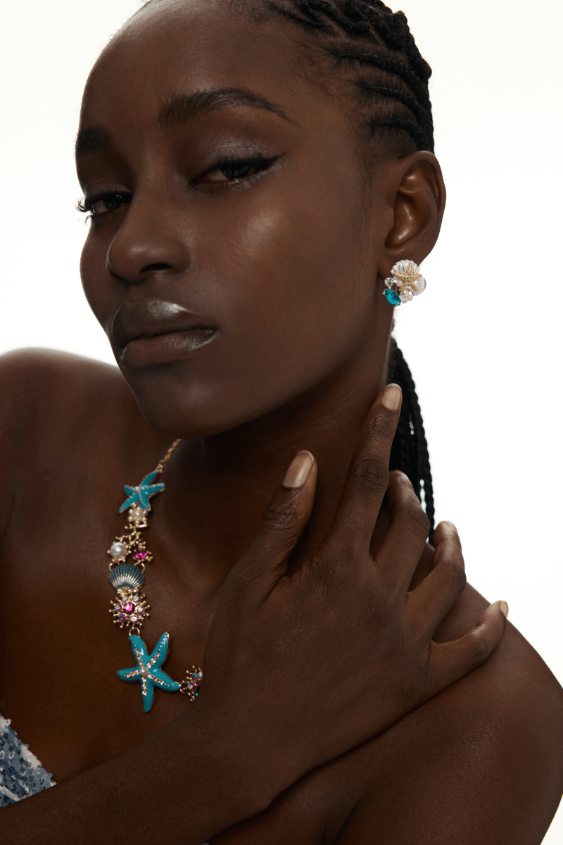 Blue Moissanite Starfish Seashell Pearl Stud Earrings