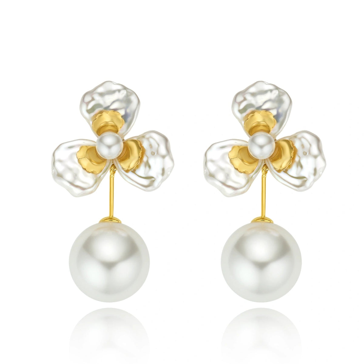 Gold Accents Floral Pearl Drop Earrings
