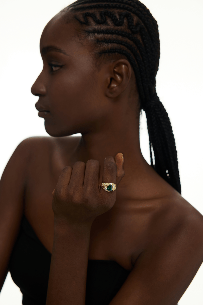 Green Gemstone and Crystal Accents Vintage Gold Ring