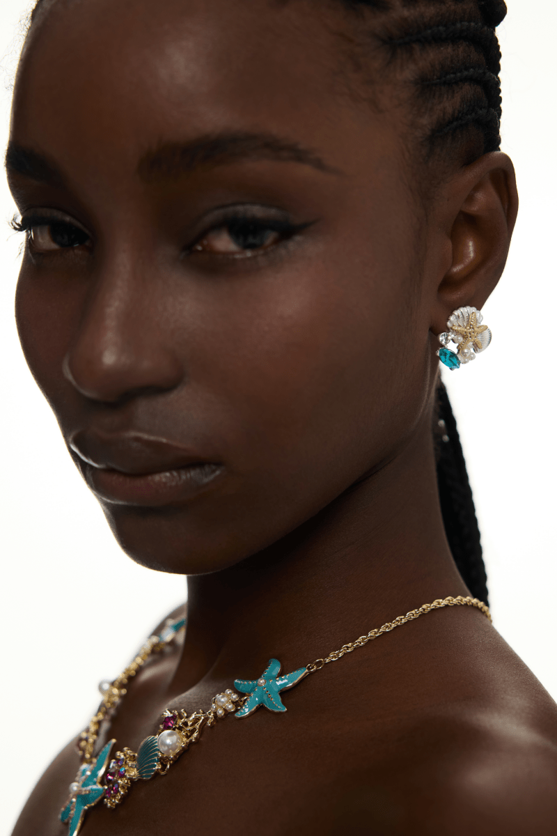 Blue Moissanite Starfish Seashell Pearl Stud Earrings