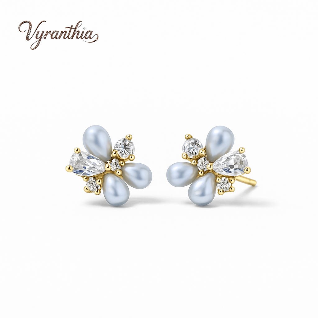 Pearl & Zircon Cluster Stud Earrings