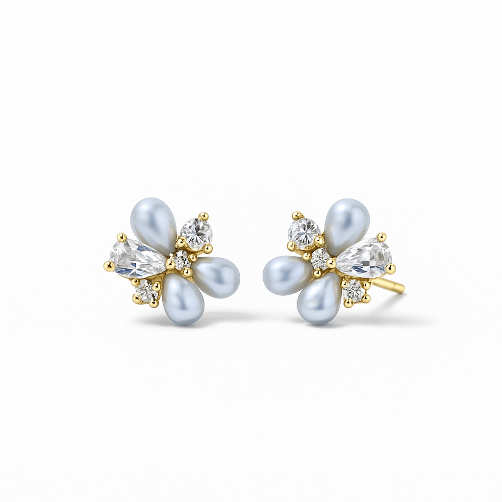 Pearl & Zircon Cluster Stud Earrings