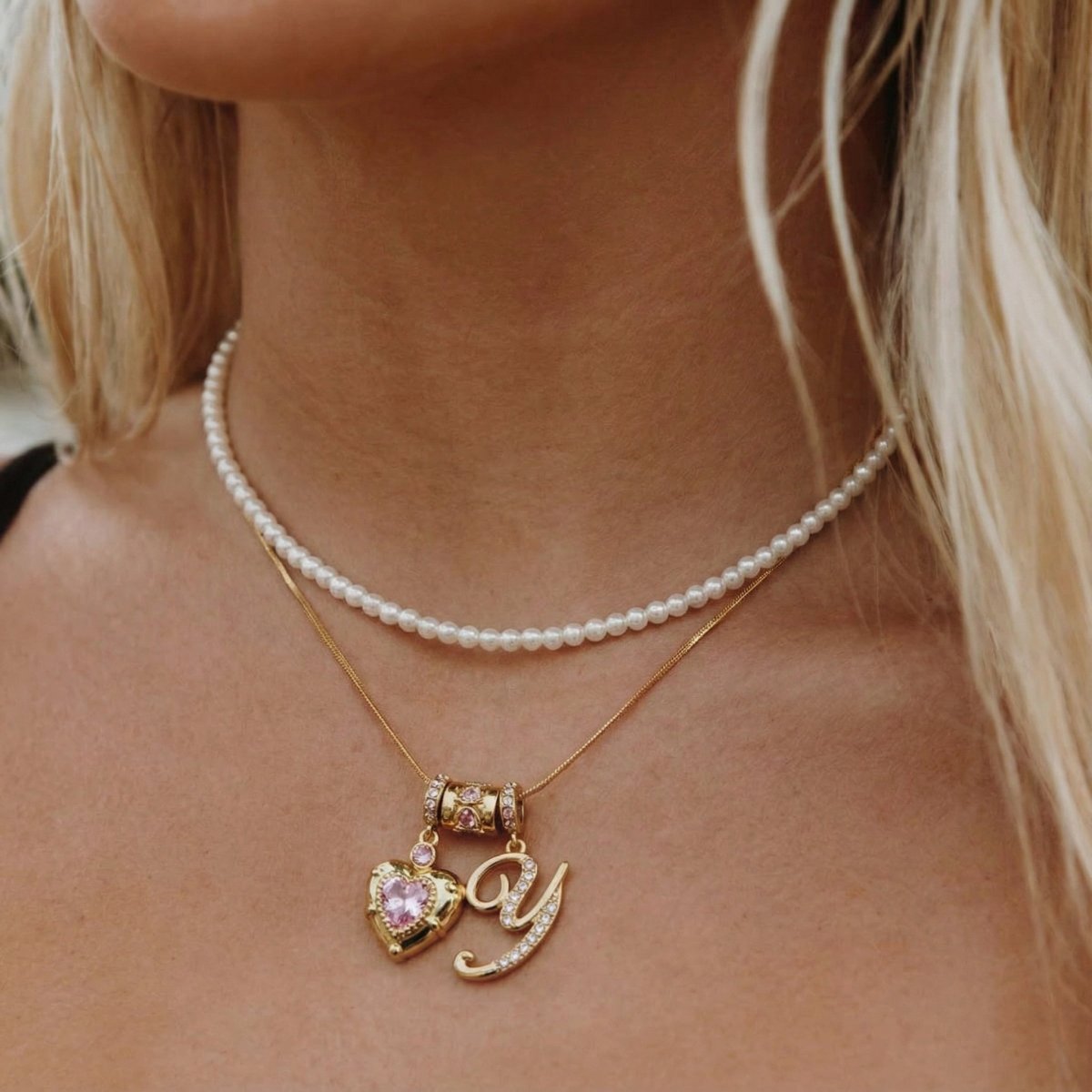 Pink Gem Heart Charm with Sparkling Y Initial