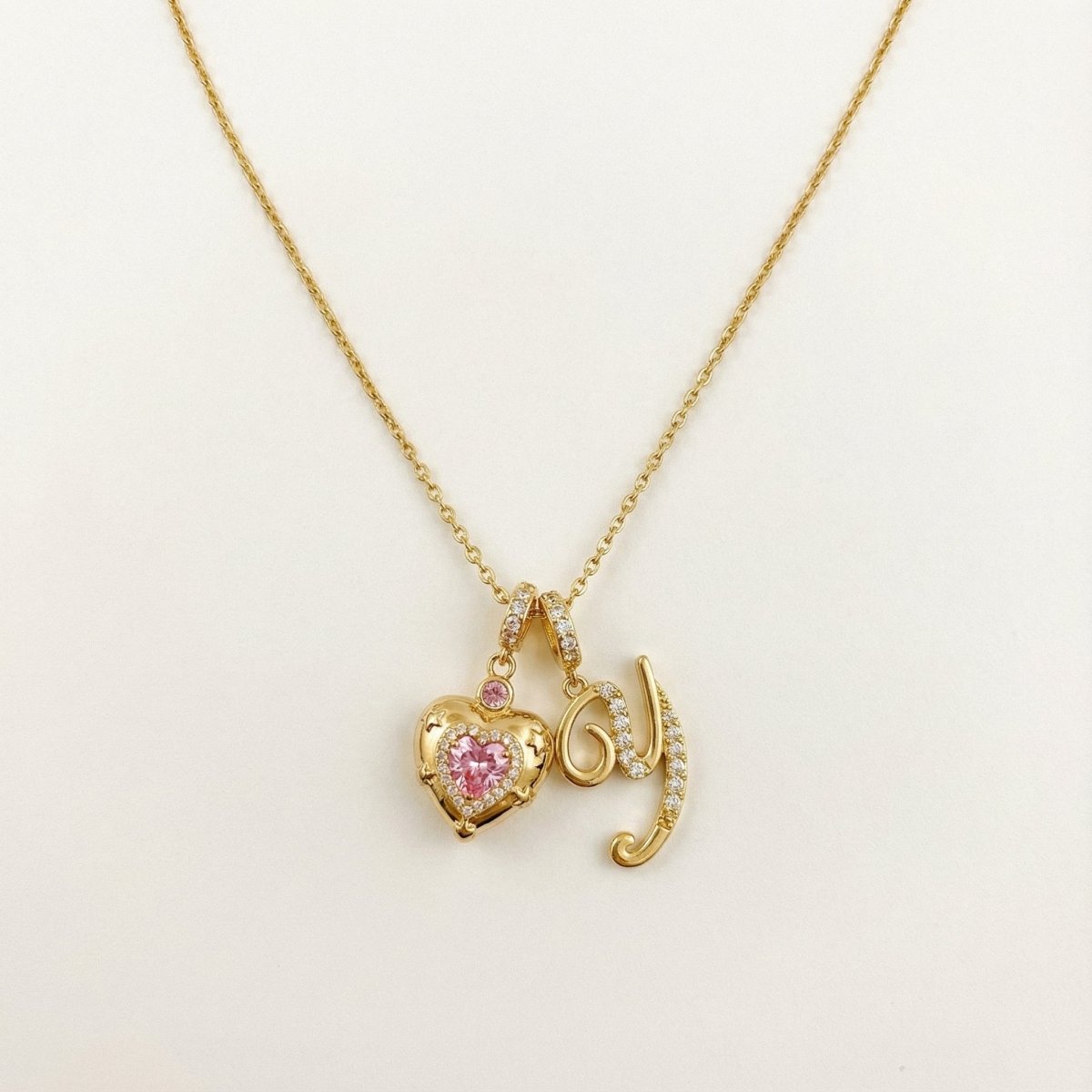 Pink Gem Heart Charm with Sparkling Y Initial