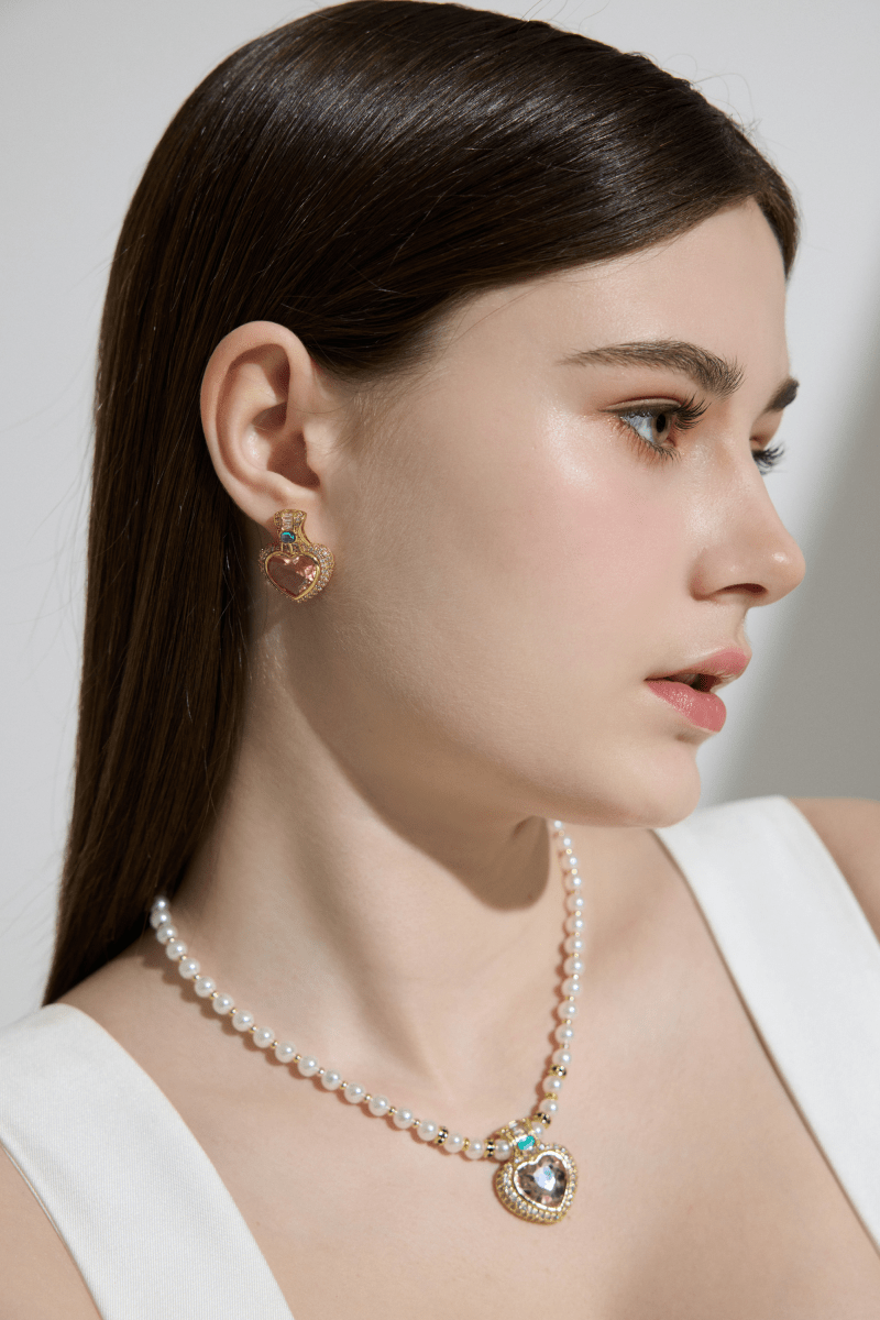 Romantic Heart-Shaped Pink Crystal Stud Earrings