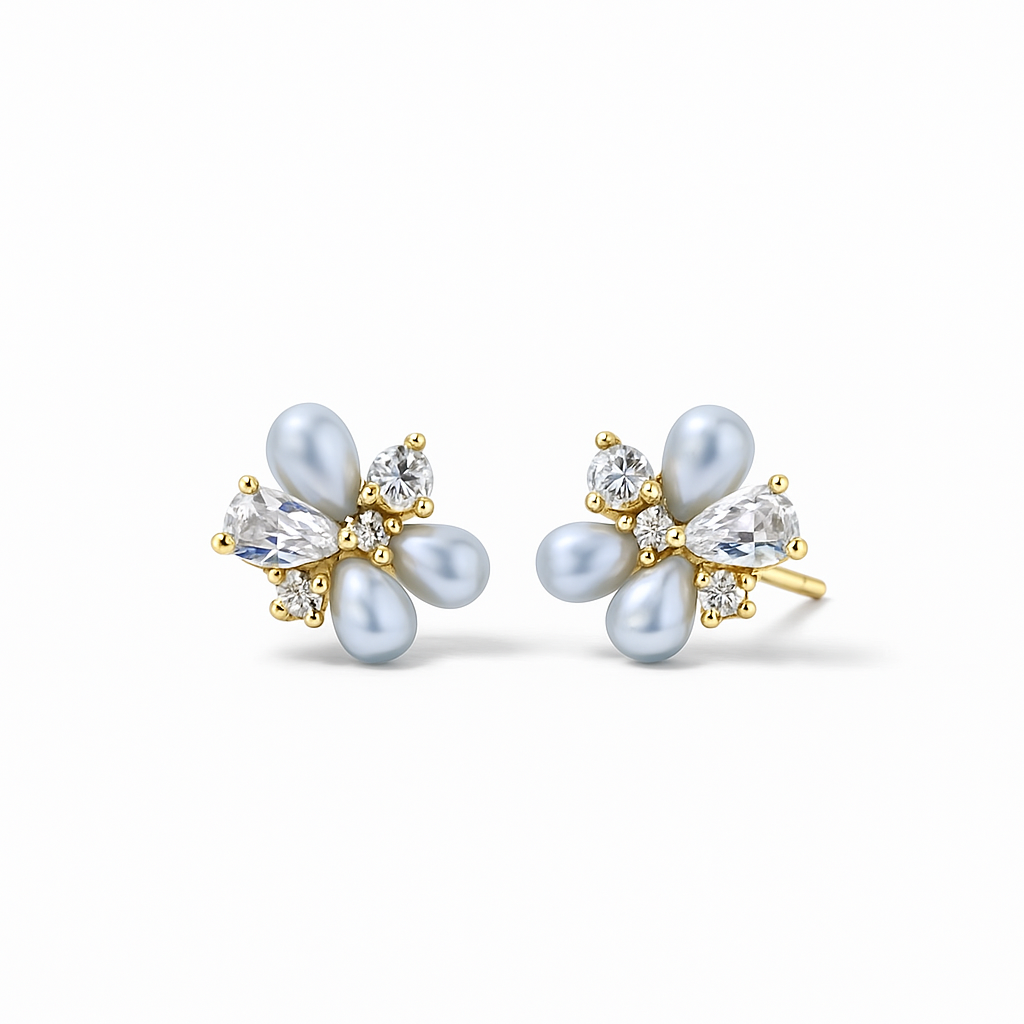 Pearl & Zircon Cluster Stud Earrings