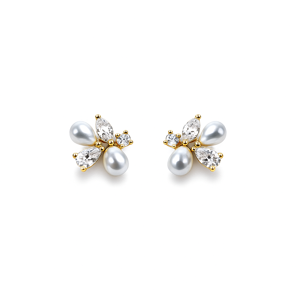 Pearl & Zircon Cluster Stud Earrings