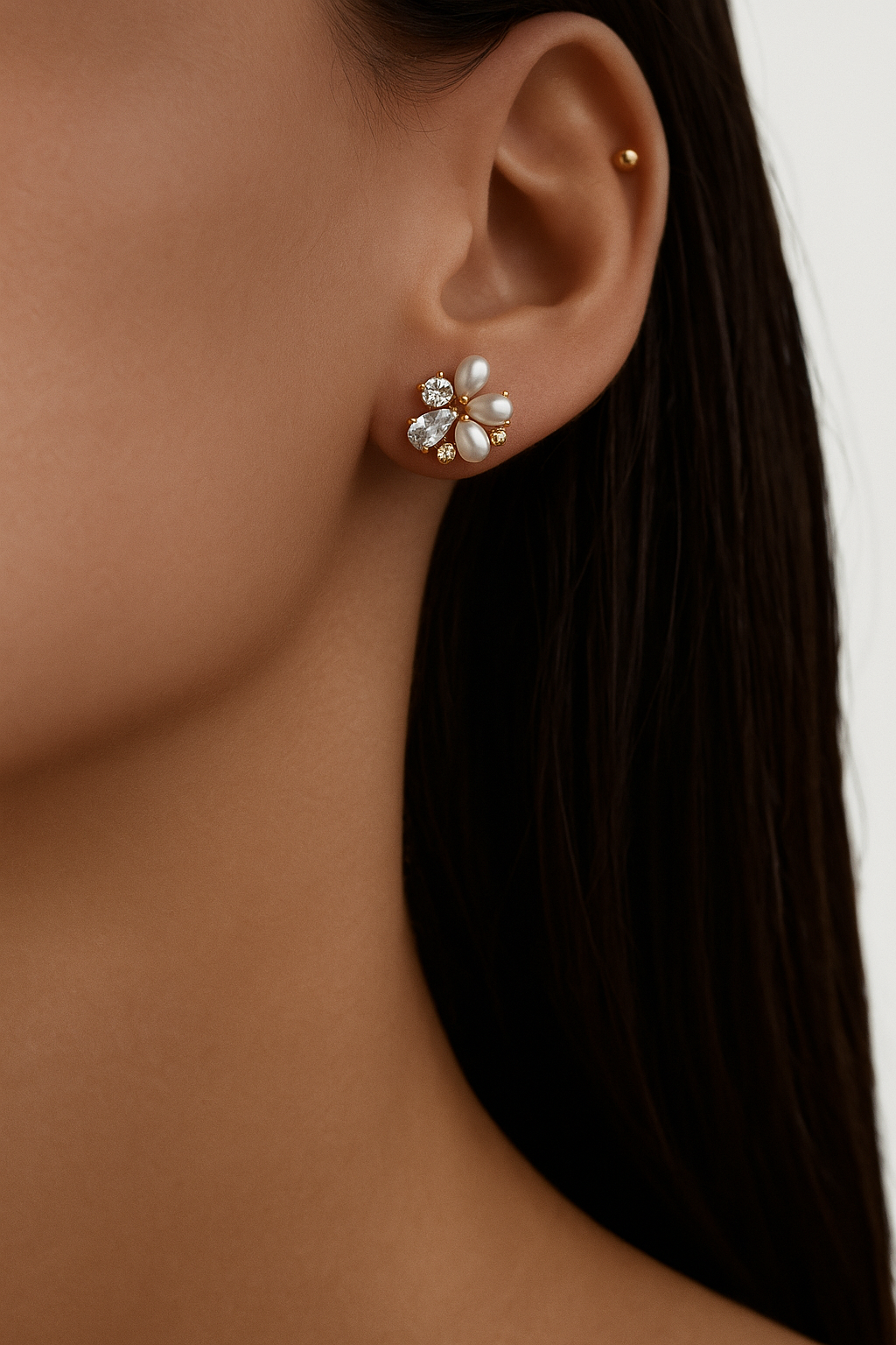 Pearl & Zircon Cluster Stud Earrings