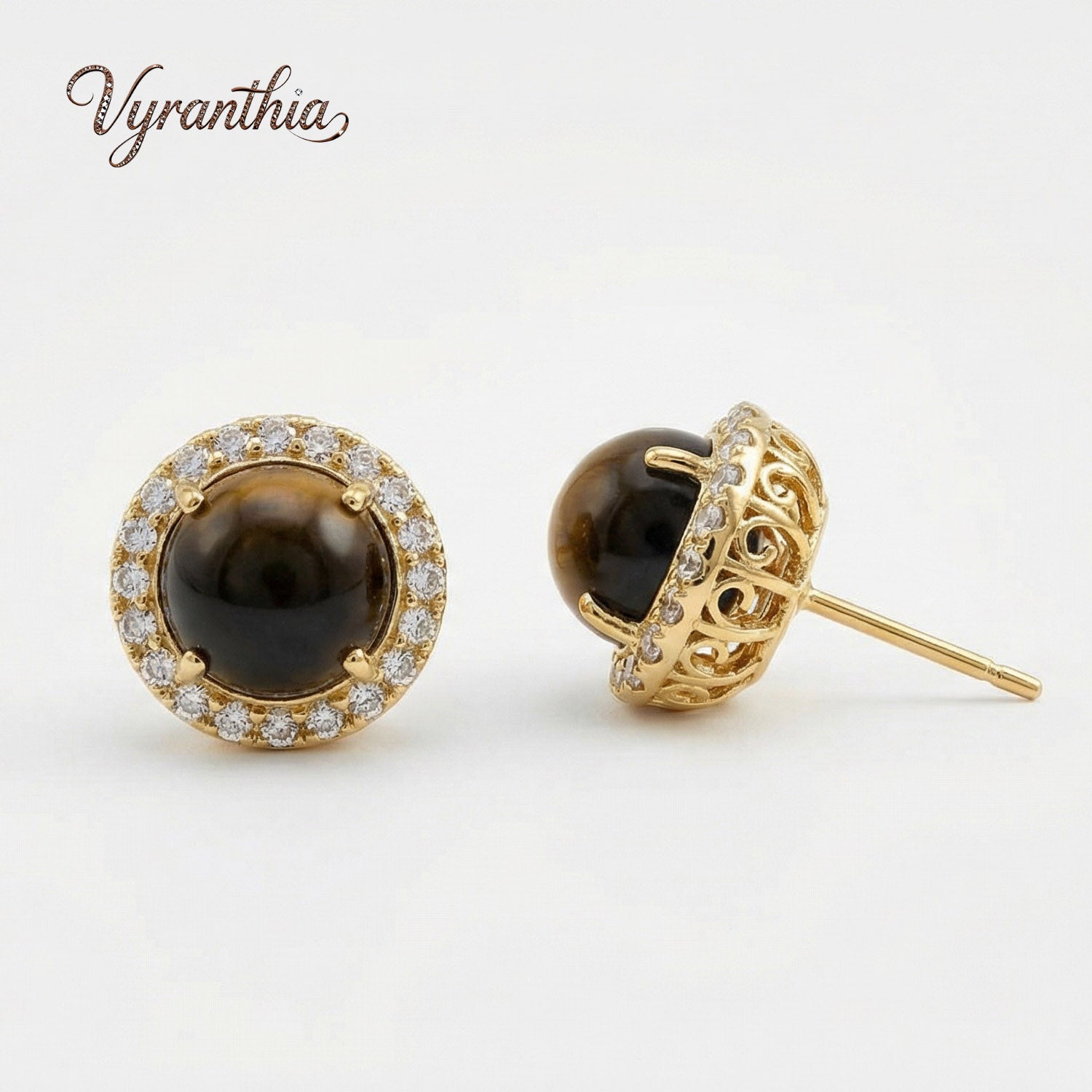 Zircon Halo Tiger’s Eye Stud Earrings