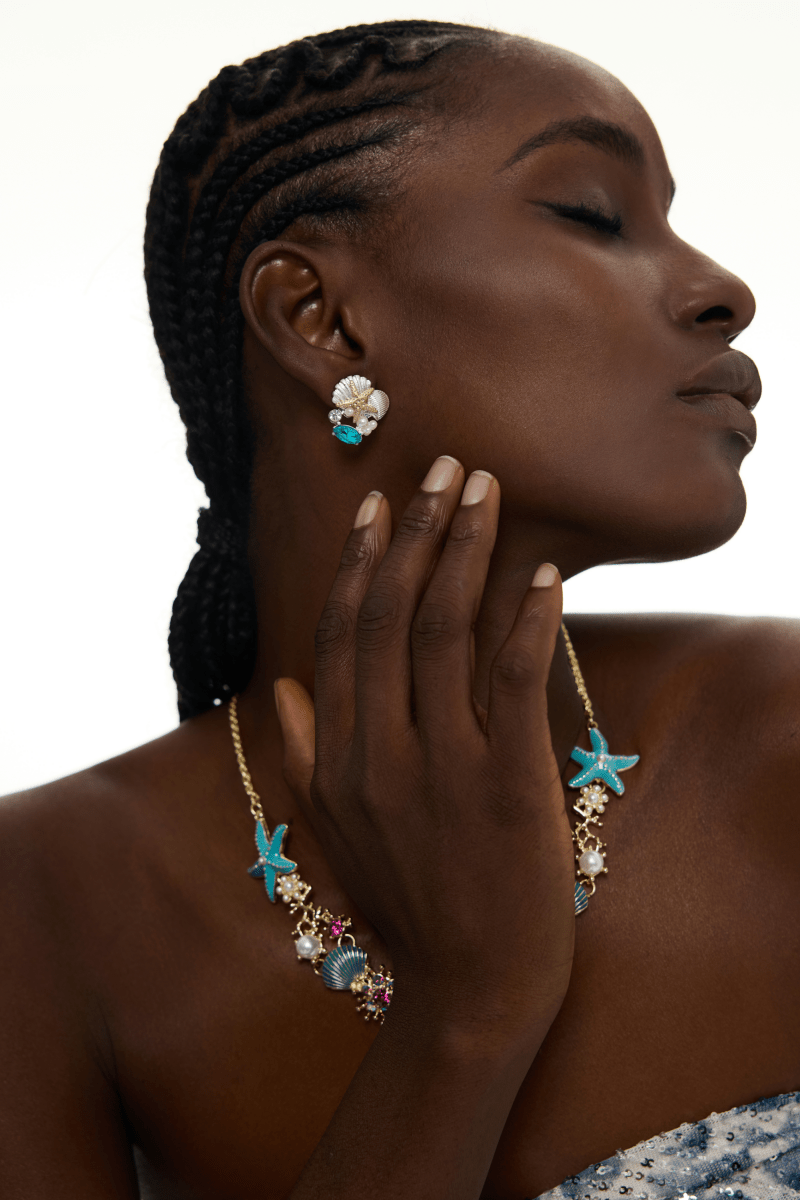 Blue Moissanite Starfish Seashell Pearl Stud Earrings