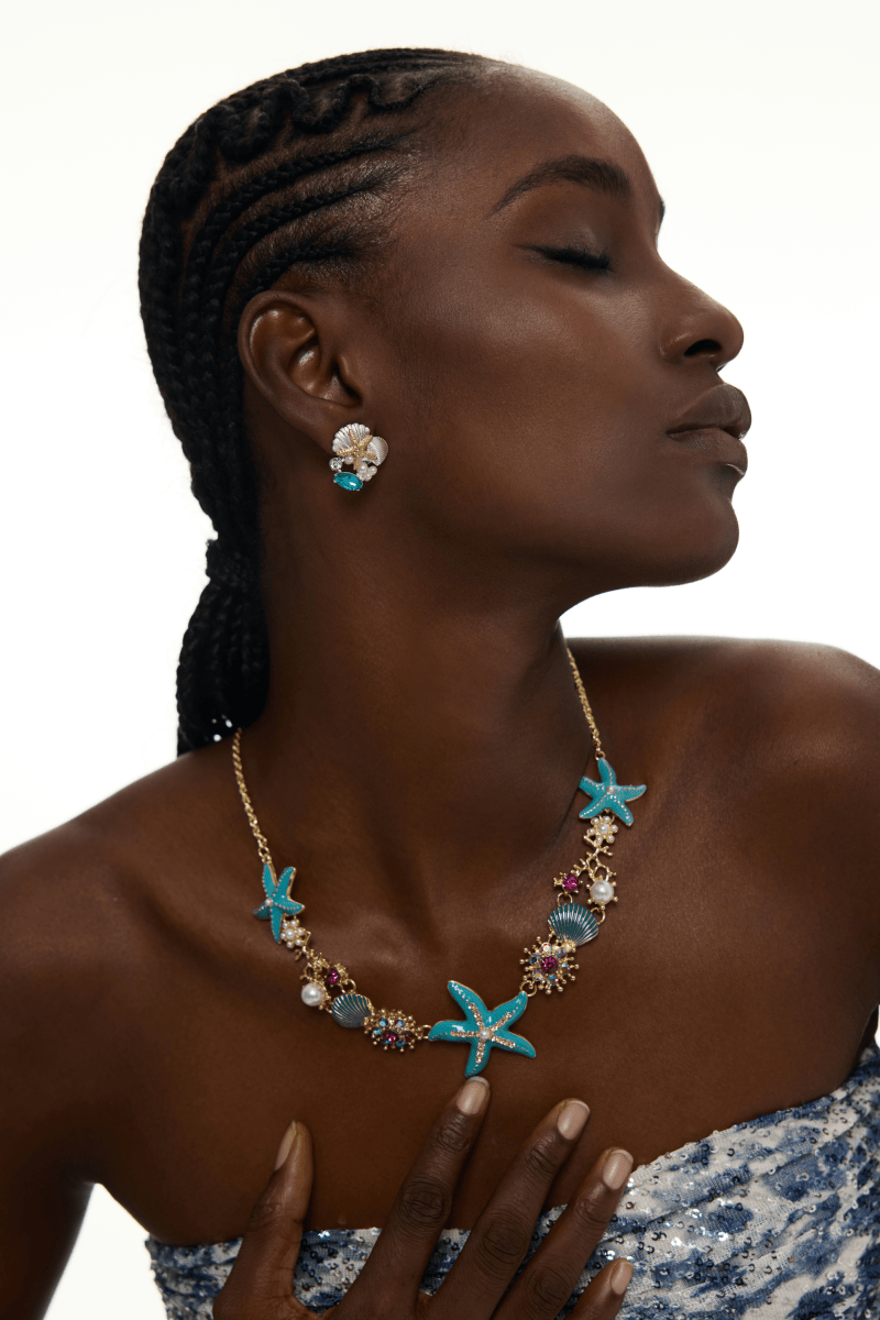 Blue Moissanite Starfish Seashell Pearl Stud Earrings