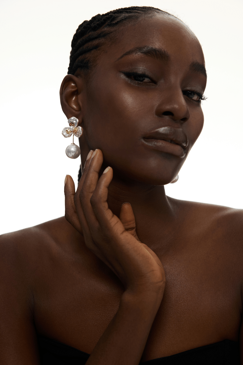 Gold Accents Floral Pearl Drop Earrings