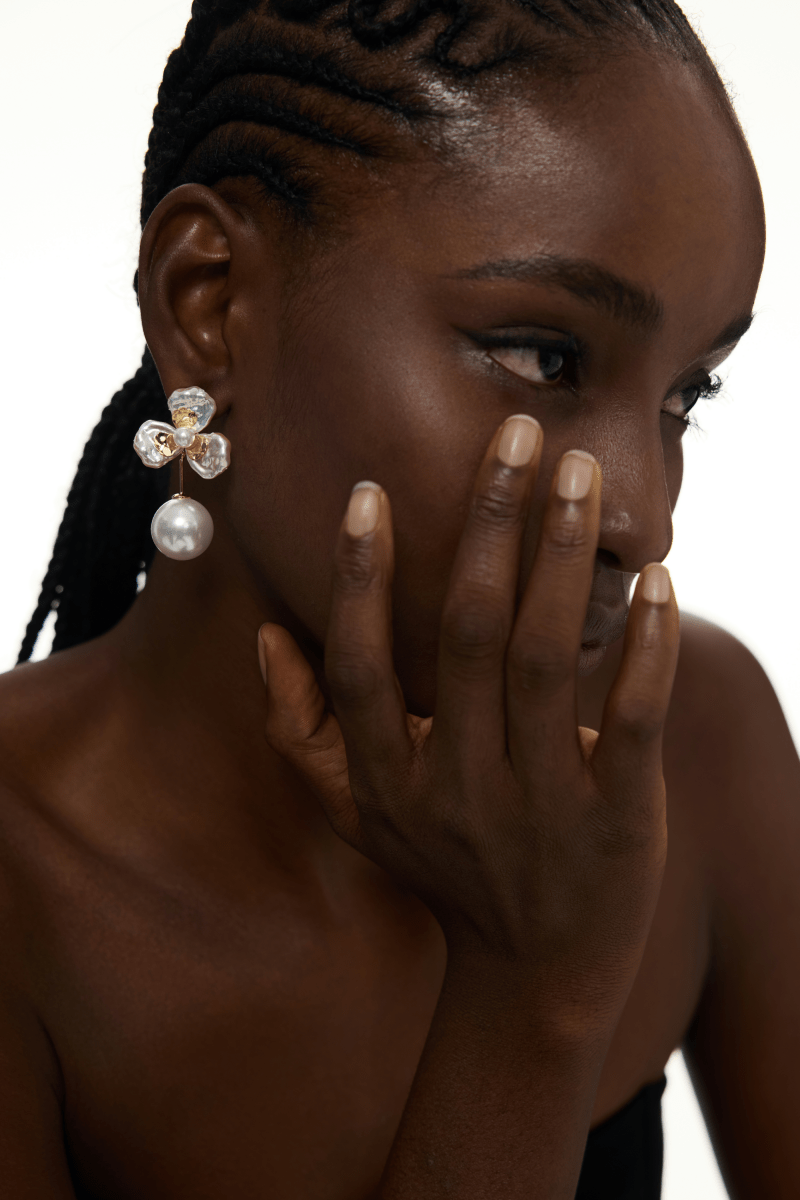 Gold Accents Floral Pearl Drop Earrings