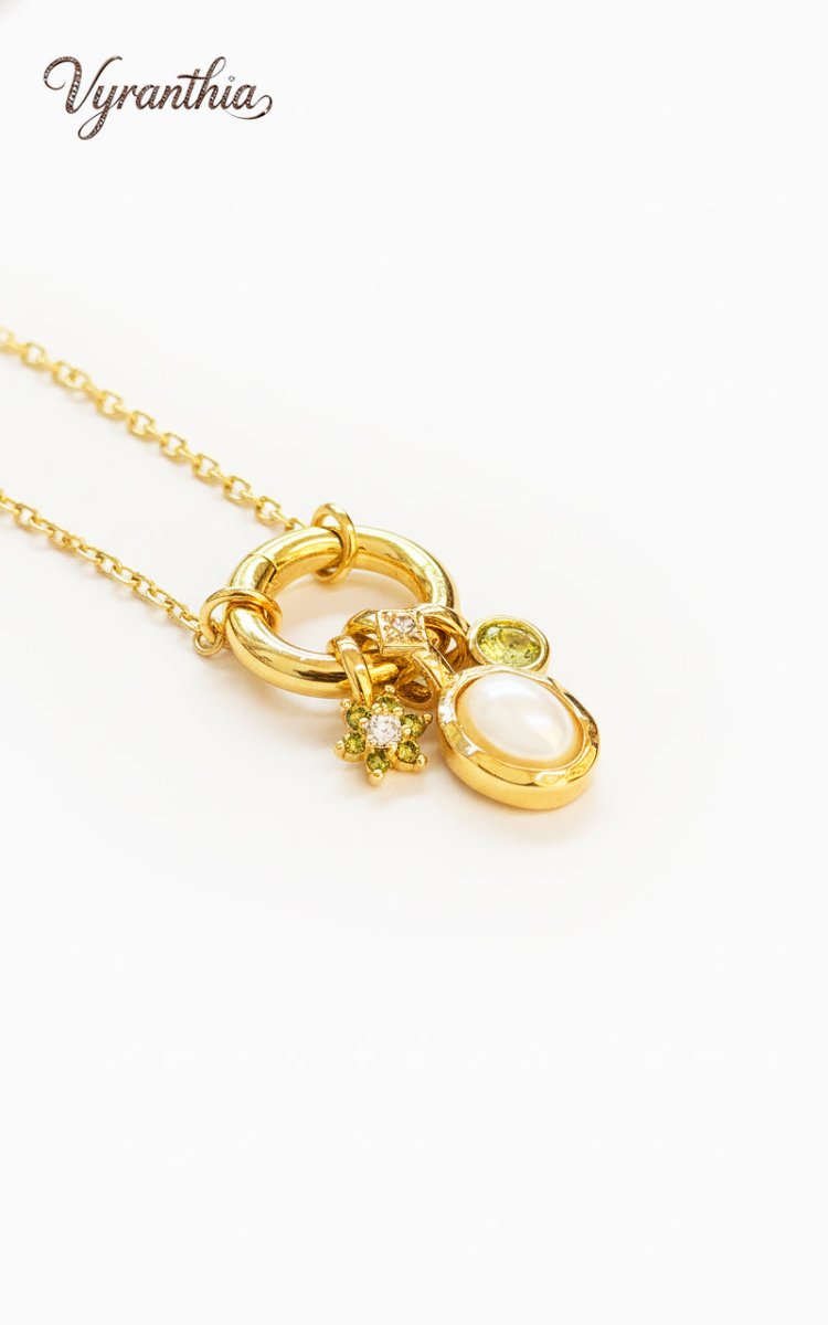 Gold Pearl & Zircon Charm Necklace