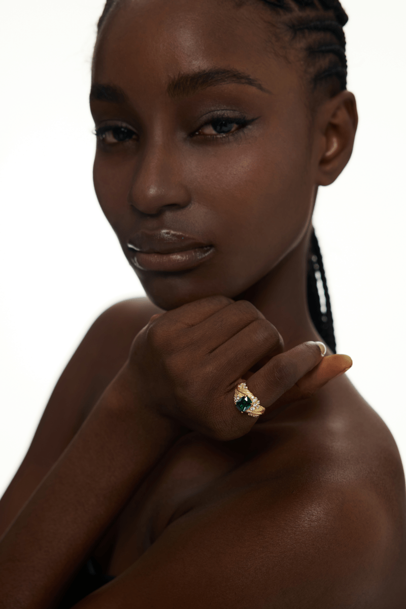 Green Gemstone and Crystal Accents Vintage Gold Ring