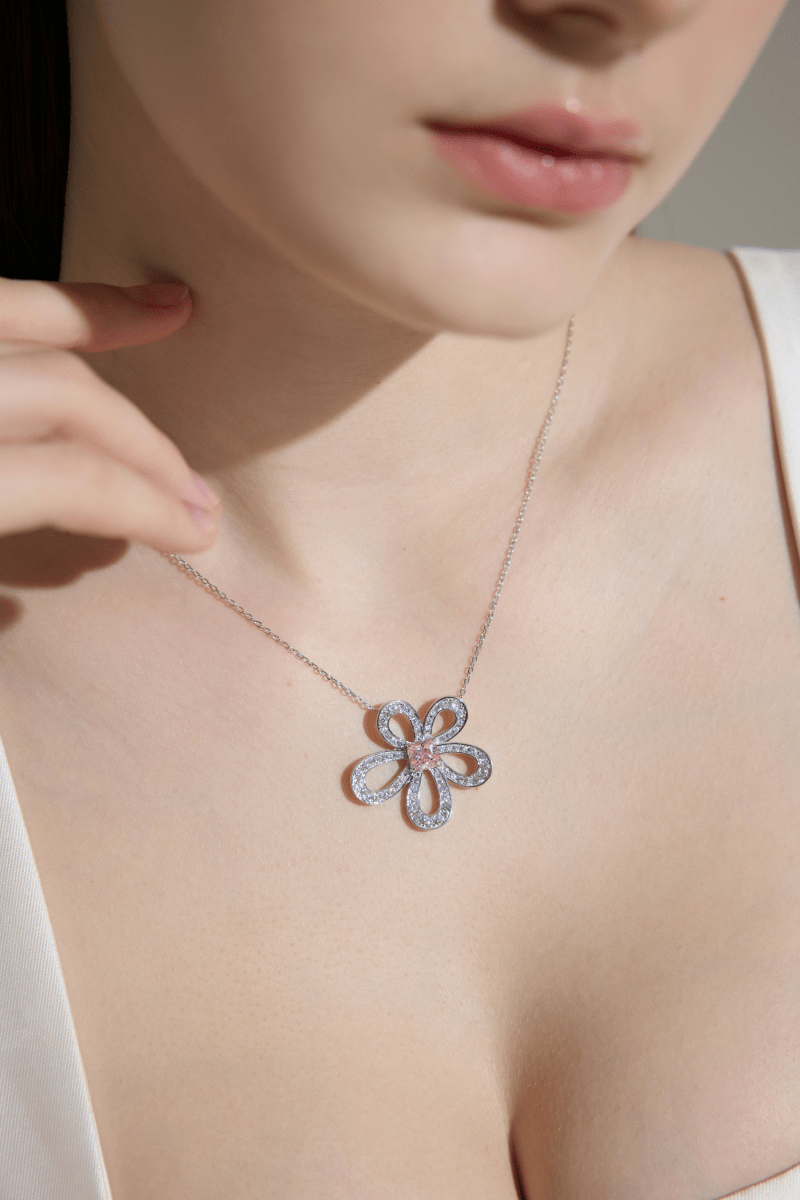 Pink Moissanite Flower Pendant Necklace