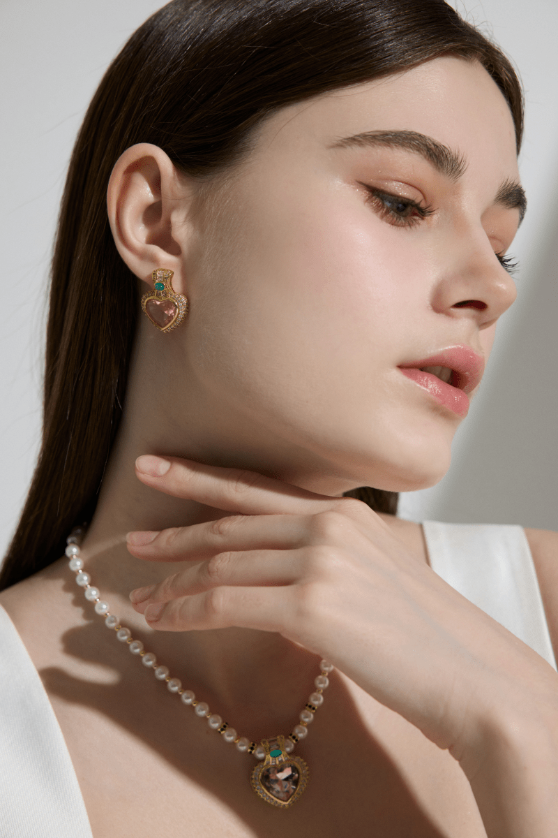 Romantic Heart-Shaped Pink Crystal Stud Earrings