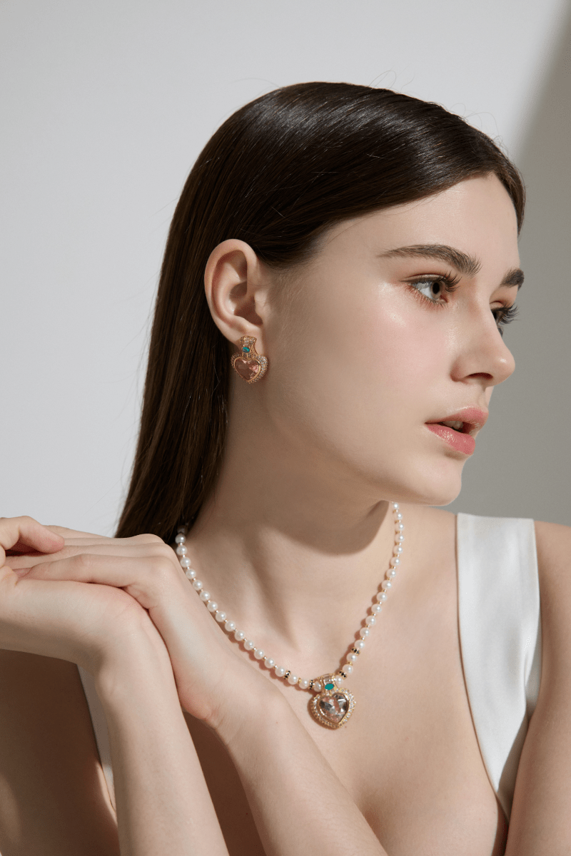 Romantic Heart-Shaped Pink Crystal Stud Earrings