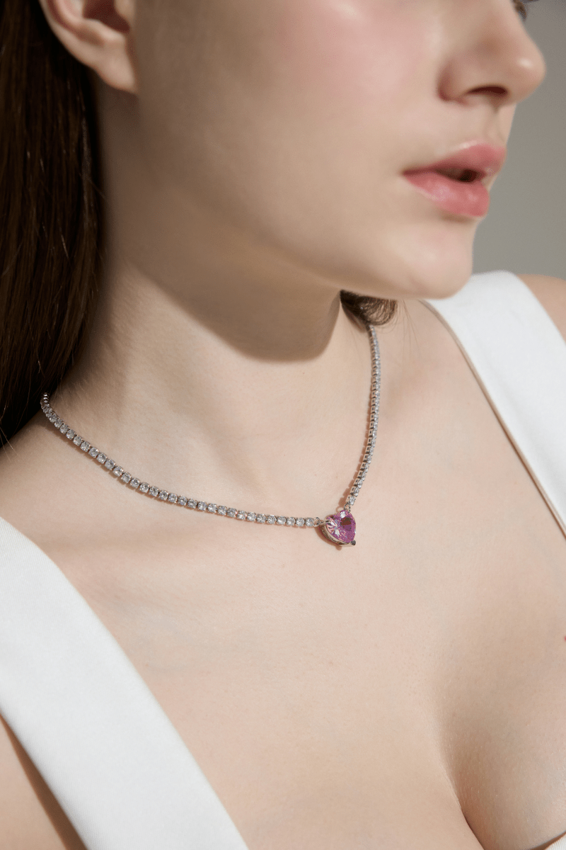 Vyranthia  Pink  Heart pendant Tennis Necklace