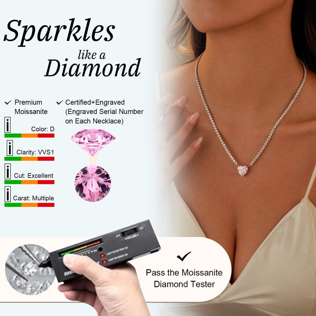 Vyranthia  Pink  Heart pendant Tennis Necklace