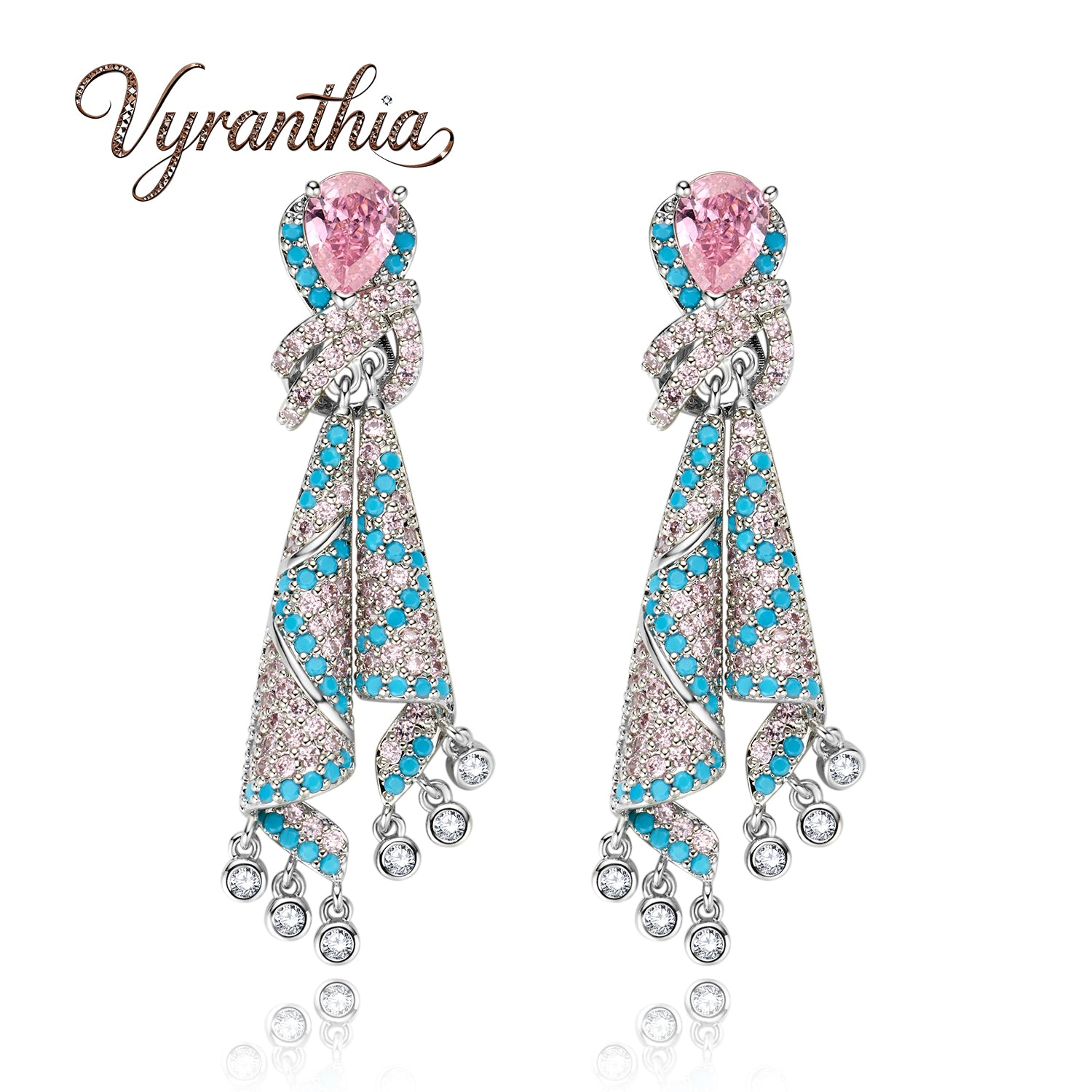 Pink and Turquoise Crystal Ribbon Drop Earrings
