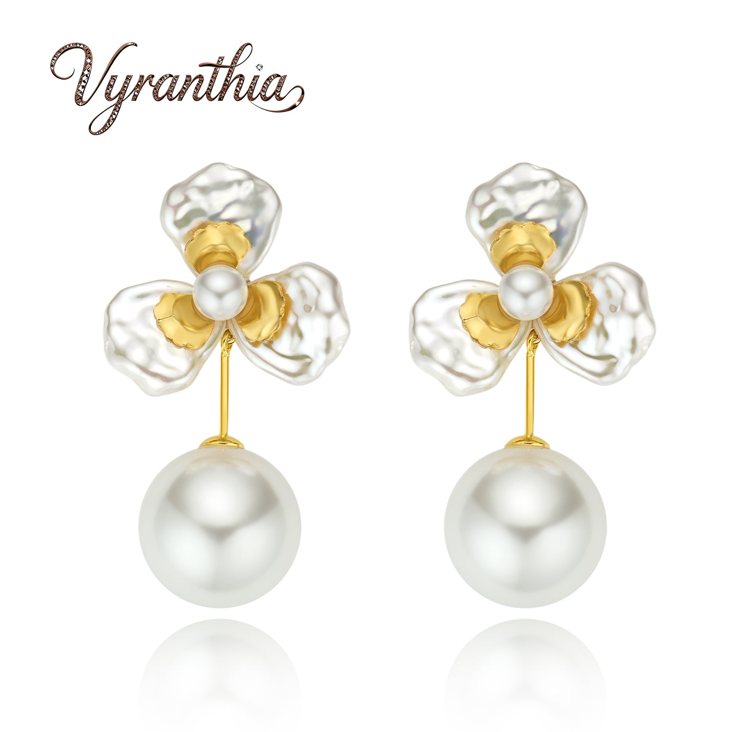 Gold Accents Floral Pearl Drop Earrings
