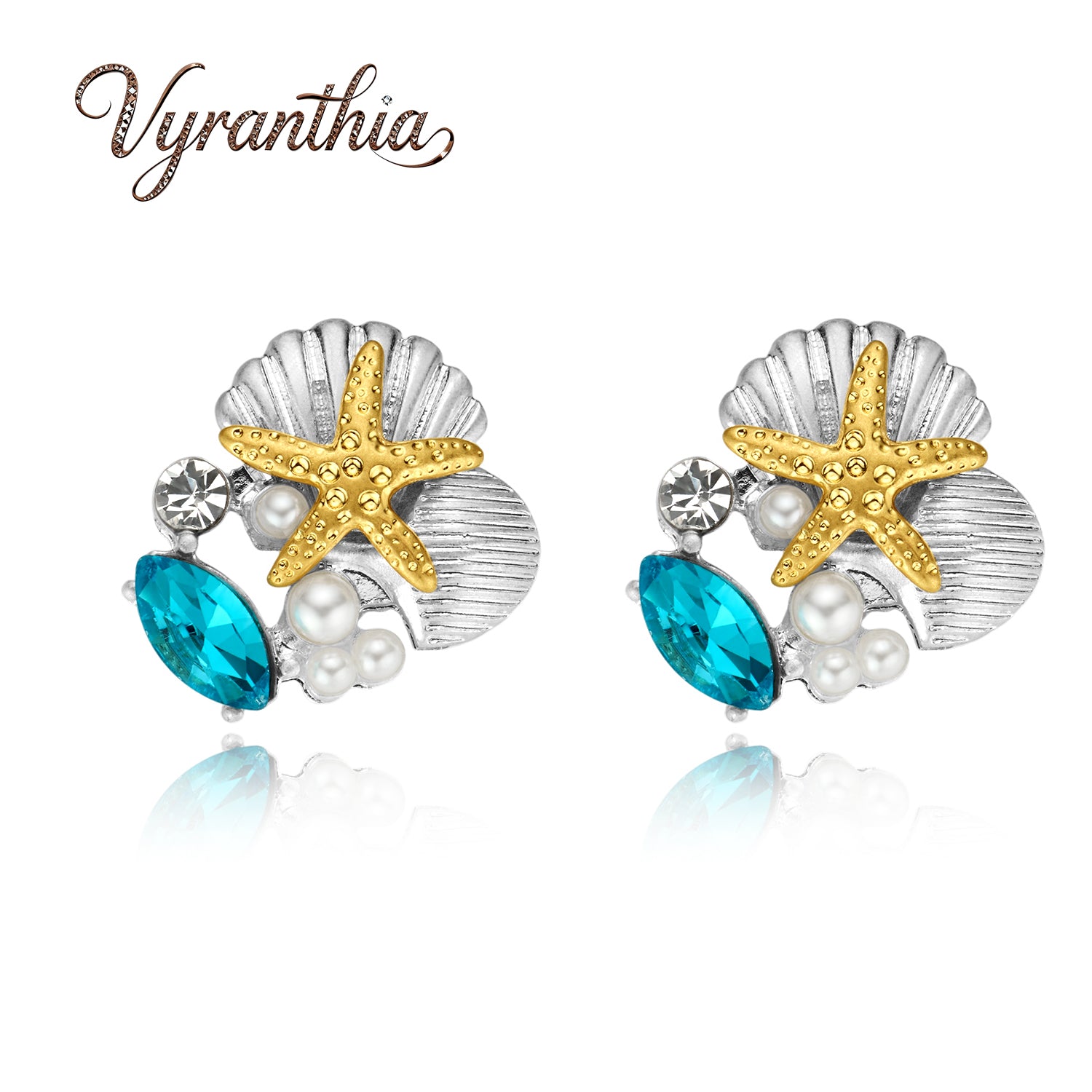 Blue Crystal Starfish and Seashell pearl Stud Earrings